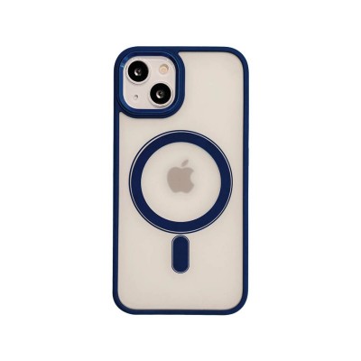 Husa iPhone 13, Premium MagSafe, Butoane Metalice, Spate Transparent, Rama Albastra